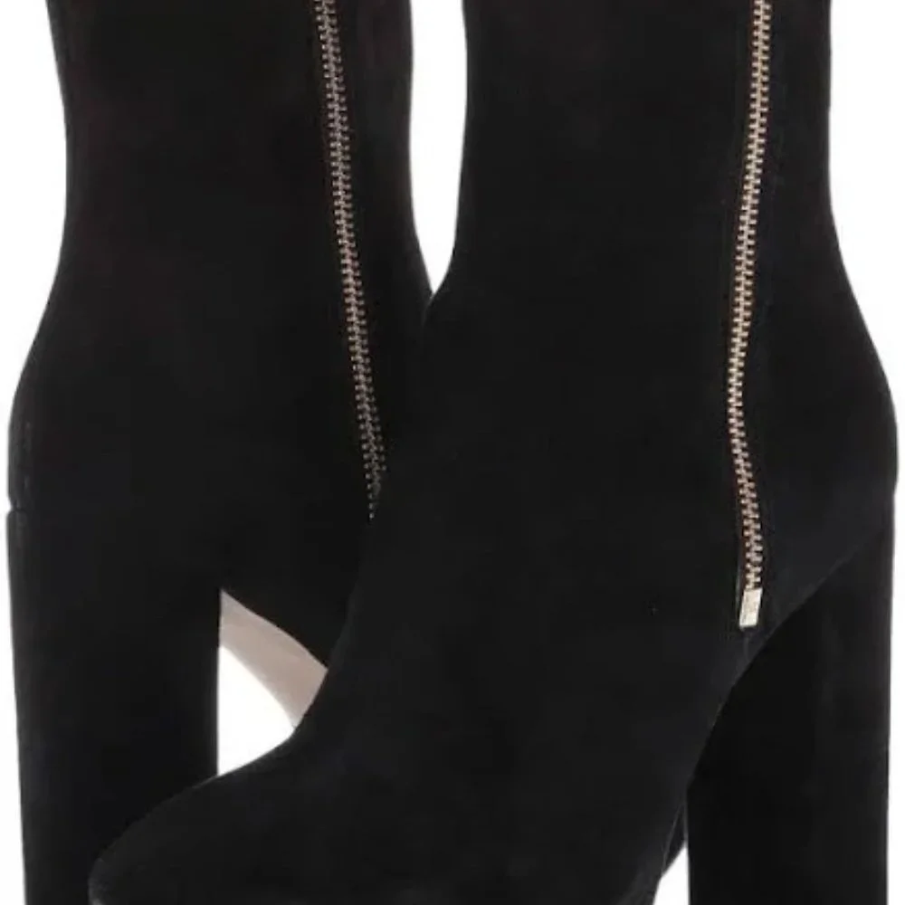 Michael Kors Black Suede Platform Ankle Boot with Gold Zip Accent